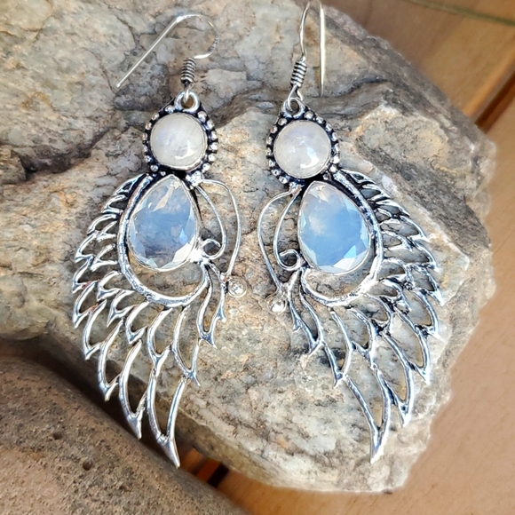 New Opal Opalite & Rainbow Moonstone 925 Silver Wings Earrings. - Picture 15 of 16